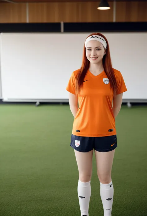 (medium full shot) of (fashionable soccer player) young woman, thai, pale skin, hazel eyes, curvy build, long red layered cut hair,  wearing a orange clean soccer uniform top, soccer shorts, training shoes,  headband, set in  Training Ground Meeting Room, tactical discussions taking place, whiteboards with team formations, video analysis being reviewed, coaches giving instructions, at sunset, woman smiling at the viewer,  ,Masterpiece,best quality, photo, realistic, very aesthetic, detailed face,