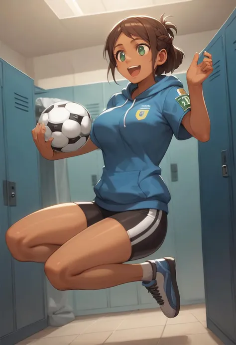 score_9, score_8_up, score_7_up, anime style,2020s\(style\),masterpiece,best quality, zPDXL2,source_anime, kawaii, vivid, colors, (medium full shot) of 1girl, (stylish soccer player) young woman, brazilian, tan skin, olive green eyes, voluptuous build, medium dark french braid hair, wearing a navy blue hoodie, compression shorts, soccer cleats, holding a soccer ball, captain armband, set in Stadium Locker Room, benches with player names, lockers, sports equipment strewn about, motivational posters on the walls, showers and changing areas, at night, woman laughing, jumping in the air,