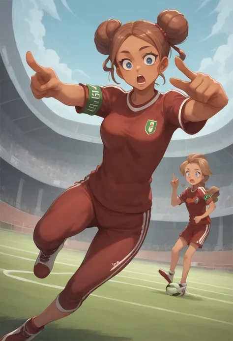 score_9, score_8_up, score_7_up, anime style,2020s\(style\),masterpiece,best quality, zPDXL2,source_anime, kawaii, vivid, colors, (medium full shot) of 1girl, (radiant soccer player) young woman, italian, tan skin, dark Blue eyes, full-figured build, long hazel bun hair,  wearing a maroon athletic shirt, training pants, training shoes, holding a soccer ball, captain armband, set in  Training Ground, multiple soccer fields, players practicing under the watchful eyes of coaches, fitness trainers assisting with exercises, goalkeeping drills in one corner, woman surprised, open mouth, pointing her finger at the viewer,