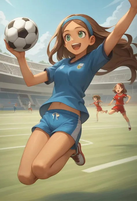 score_9, score_8_up, score_7_up, anime style,2020s\(style\),masterpiece,best quality, zPDXL2,source_anime, kawaii, vivid, colors, (medium full shot) of 1girl, (glamorous soccer player) young woman, mexican, caramel skin, olive green eyes, Medium build, extra long brown half-up half-down hair, wearing a navy blue athletic shirt, comfortable shorts, training shoes, holding a soccer ball, headband, set in Community Soccer Field, local park setting, kids playing soccer, parents watching from the sidelines, picnic area nearby, casual and fun atmosphere, at sunset, woman laughing, jumping in the air,