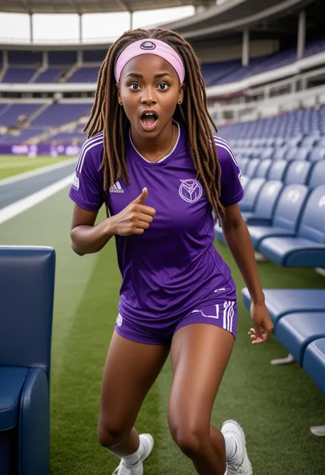 (medium full shot) of man, (lean soccer player) young woman, african, dark skin, black eyes, tiny build, long hazel dreadlocks hair, wearing a purple soccer jersey, comfortable shorts, running shoes, headband, set in Stadium VIP Box, luxurious seating area with a clear view of the field, comfortable chairs, food and beverage service, large windows, exclusive atmosphere, woman surprised, open mouth, pointing her finger at the viewer, Masterpiece,best quality, photo, realistic, very aesthetic, detailed face,