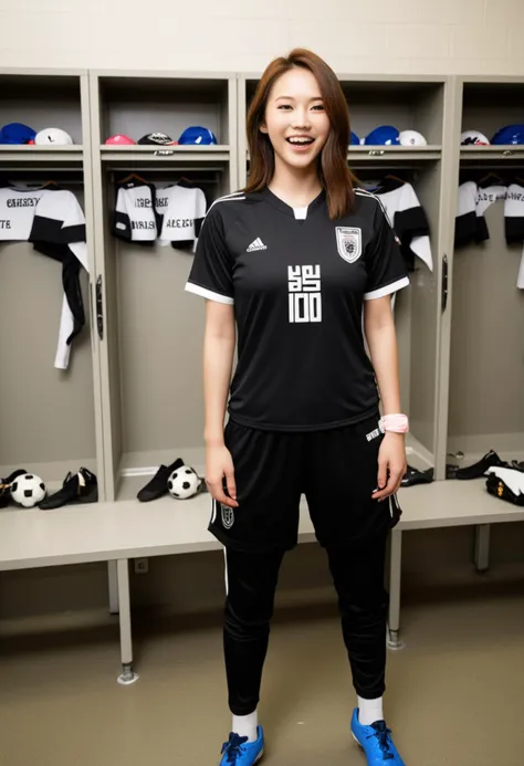 (medium full shot) of (stylish soccer player) young woman, korean, light skin, hazel eyes, slender build, long hazel hime cut hair,  wearing a black neatly pressed soccer uniform top, training pants, soccer cleats,  captain armband, set in  Locker Room, individual lockers with player names, benches in the center, sports equipment neatly organized, team jerseys hanging, pre-game pep talk area , woman laughing, jumping in the air,  ,Masterpiece,best quality, photo, realistic, very aesthetic, detailed face,