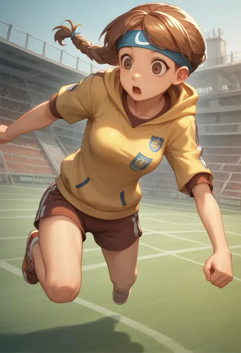 score_9, score_8_up, score_7_up, anime style,2020s\(style\),masterpiece,best quality, zPDXL2,source_anime, kawaii, vivid, colors, (medium full shot) of 1girl, (sophisticated soccer player) young woman, chinese, fair skin, brown eyes, tiny build, extra long hazel single braid hair,  wearing a yellow hoodie, soccer shorts, sports sneakers,  headband, set in  Training Ground, multiple soccer fields, players practicing under the watchful eyes of coaches, fitness trainers assisting with exercises, goalkeeping drills in one corner, at sunset, woman surprised, open mouth, running toward the viewer,