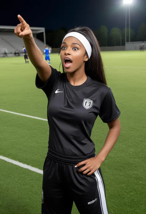 (medium full shot) of (sophisticated soccer player) young woman, black american, dark skin, black eyes, Medium build, long dark bangs hair,  wearing a black athletic shirt, sweatpants, soccer cleats,  headband, set in  Stadium, packed with cheering fans, bright floodlights illuminating the field, green grass, goalposts at each end, team benches along the sidelines, at night, woman surprised, open mouth, pointing her finger at the viewer,  ,Masterpiece,best quality, photo, realistic, very aesthetic, detailed face,