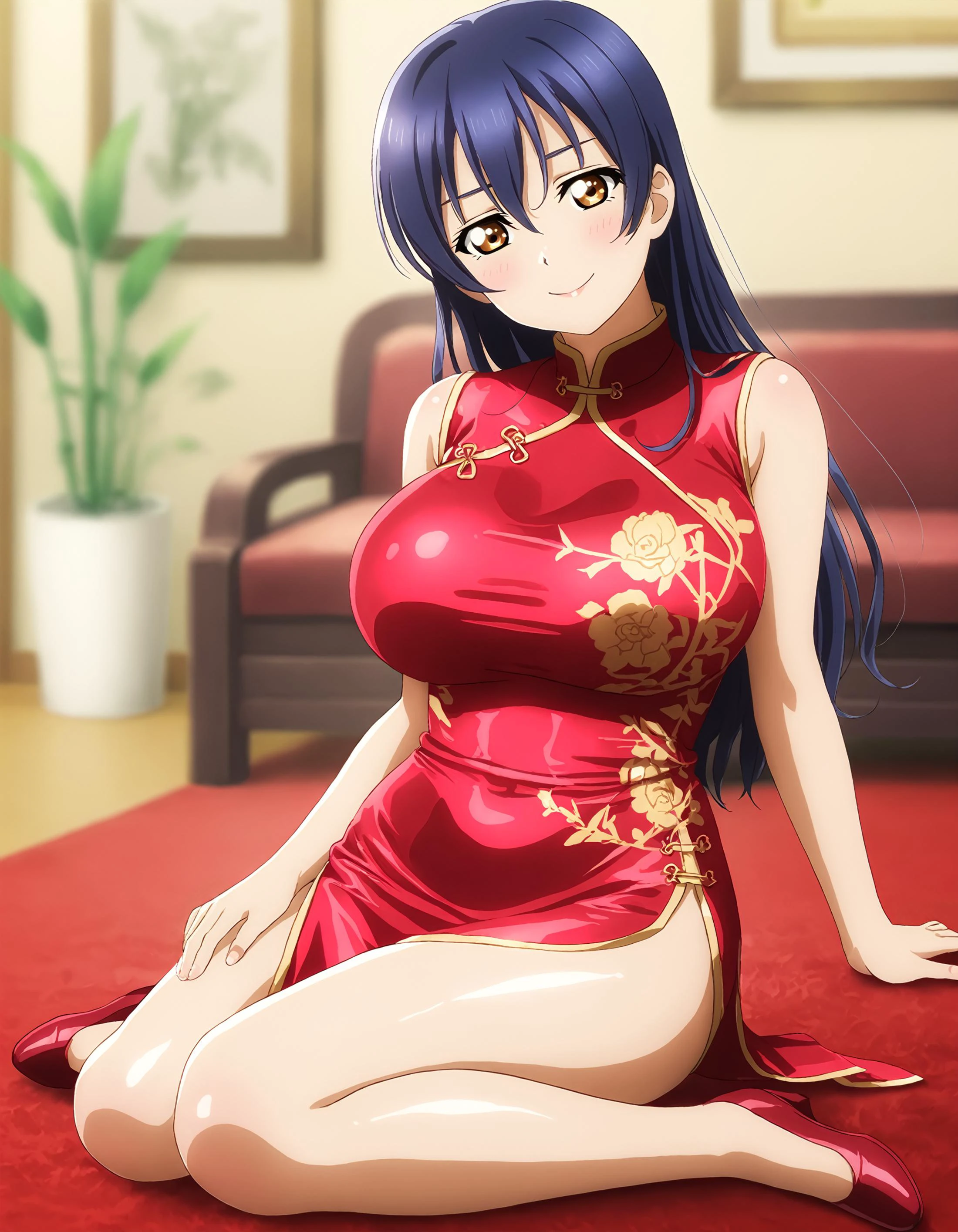 <lora:Koto-Umi-Riko-Shizu-Setsu-LLAS-LyCORIS-AnimagineXLV31:0.85> <lora:china dress_XL_V1.0:0.8:0.8:lbw=ALL26-OUTS:stop=28>
1girl, looking at viewer, cowboy shot BREAK
(umi-llas:1.3) BREAK
big pupils, (huge breasts, narrow waist, curvy:1.2), smile BREAK
jyojifuku, (red china dress:1.2), skirt, red high heels, side slit BREAK
(shiny skin, shiny clothes, tight clothes, satin:1.4) BREAK
(sitting:1.2), red carpet, potted plant, bamboo, portrait \(object\) BREAK
(masterpiece, absurdres, very aesthetic:1.2), perfect anatomy, perfect lighting, cinematic light, light particles, (depth of field, blurry background:1.5)