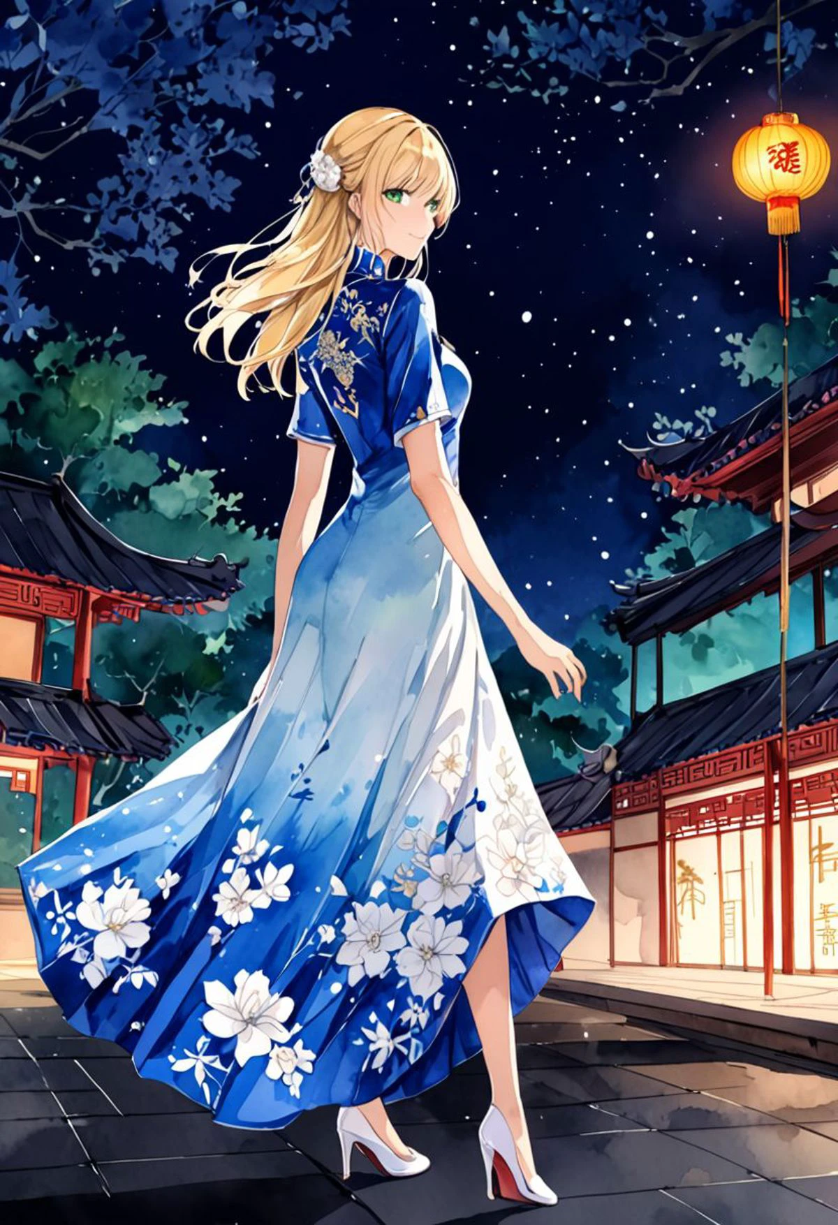 masterpiece, (watercolor:1.2) ,ultra-detailed,best quality,8K,illustration, beautiful face, (long blonde hair:1.2),1girl, looking at viewer, naughty smile, dynamic pose, turning around, green eyes,
<lora:add-detail-xl:1> <lora:china dress_XL_V1.0:1.2>( jyojifuku, china dress, skirt:1.2), (blue dress:1.3), (white floral dress:1.1), high contrast, (nighttime:1.1), moonlight:1.2