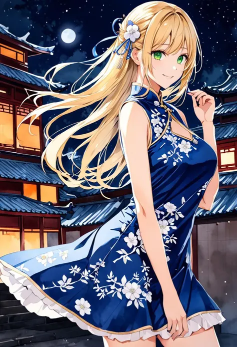 masterpiece, (watercolor:1.2) ,ultra-detailed,best quality,8K,illustration, beautiful face, (long  blonde hair:1.2),1girl, looking at viewer, naughty smile, dynamic pose, turning around, green eyes,
 <lora:add-detail-xl:1> <lora:china dress_XL_V1.0:1.2>( jyojifuku, china dress, skirt:1.2), (blue dress:1.3), (white floral dress:1.1), high contrast, (nighttime:1.1), moonlight:1.2