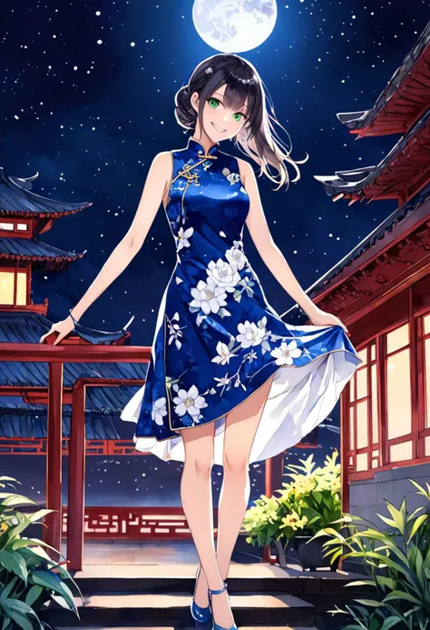 masterpiece, (watercolor:1.2) ,ultra-detailed,best quality,8K,illustration, beautiful face, (long  hair:1.2),1girl, looking at viewer, naughty smile, dynamic pose, turning around, green eyes,
 <lora:add-detail-xl:1> <lora:china dress_XL_V1.0:1.2>( jyojifuku, china dress, skirt:1.2), (blue dress:1.3), (white floral dress:1.1), high contrast, (nighttime:1.1), moonlight:1.2