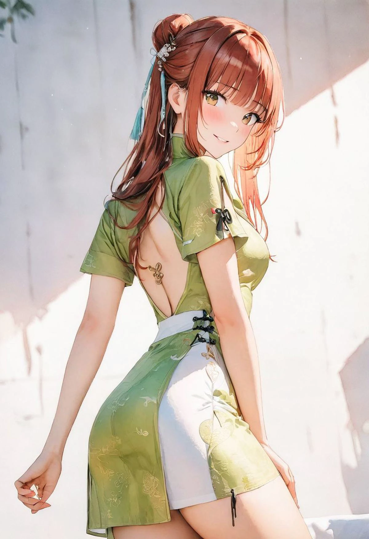 masterpiece, watercolor ,ultra-detailed,best quality,8K,illustration, beautiful face, (long auburn hair:1.2),1girl, looking at viewer, turning around, fresh smile,
<lora:add-detail-xl:1> <lora:china dress_XL_V1.0:1.2>( jyojifuku, china dress, skirt:1.2), (white dress:1.3), (green floral dress:1.1), high contrast