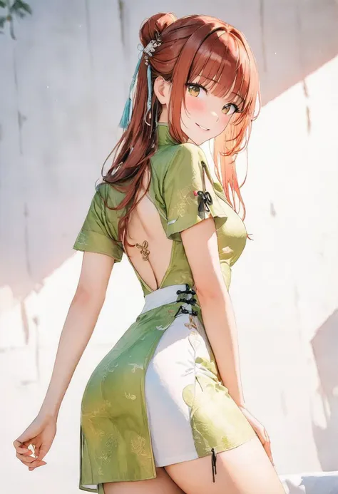 masterpiece, watercolor ,ultra-detailed,best quality,8K,illustration, beautiful face, (long auburn hair:1.2),1girl, looking at viewer, turning around, fresh smile, 
 <lora:add-detail-xl:1> <lora:china dress_XL_V1.0:1.2>( jyojifuku, china dress, skirt:1.2), (white dress:1.3), (green floral dress:1.1), high contrast