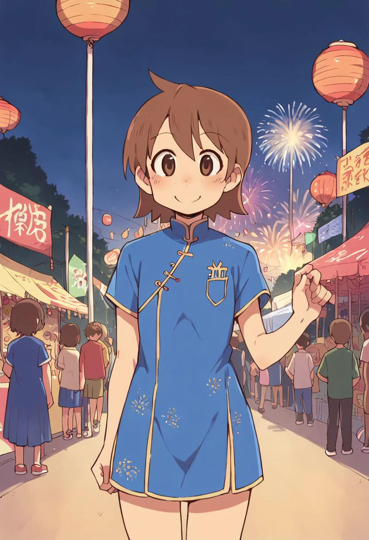 score_9, score_8_up, score_7_up, score_6_up, score_5_up,
aioiyuuko, jyojifuku, blue china dress, blue clothes, brown hair, brown eyes, soft smile, facing viewer, looking at viewer, festival background, festival, fireworks, sunset, outdoors, cowboy shot, legs
<lora:Shinki:1>