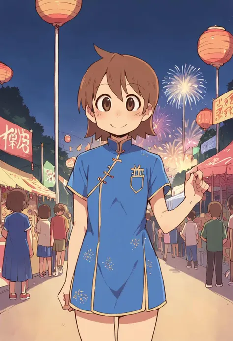 score_9, score_8_up, score_7_up, score_6_up, score_5_up, 
aioiyuuko, jyojifuku, blue china dress, blue clothes, brown hair, brown eyes, soft smile, facing viewer, looking at viewer, festival background, festival, fireworks, sunset, outdoors, cowboy shot, legs
 <lora:Shinki:1>