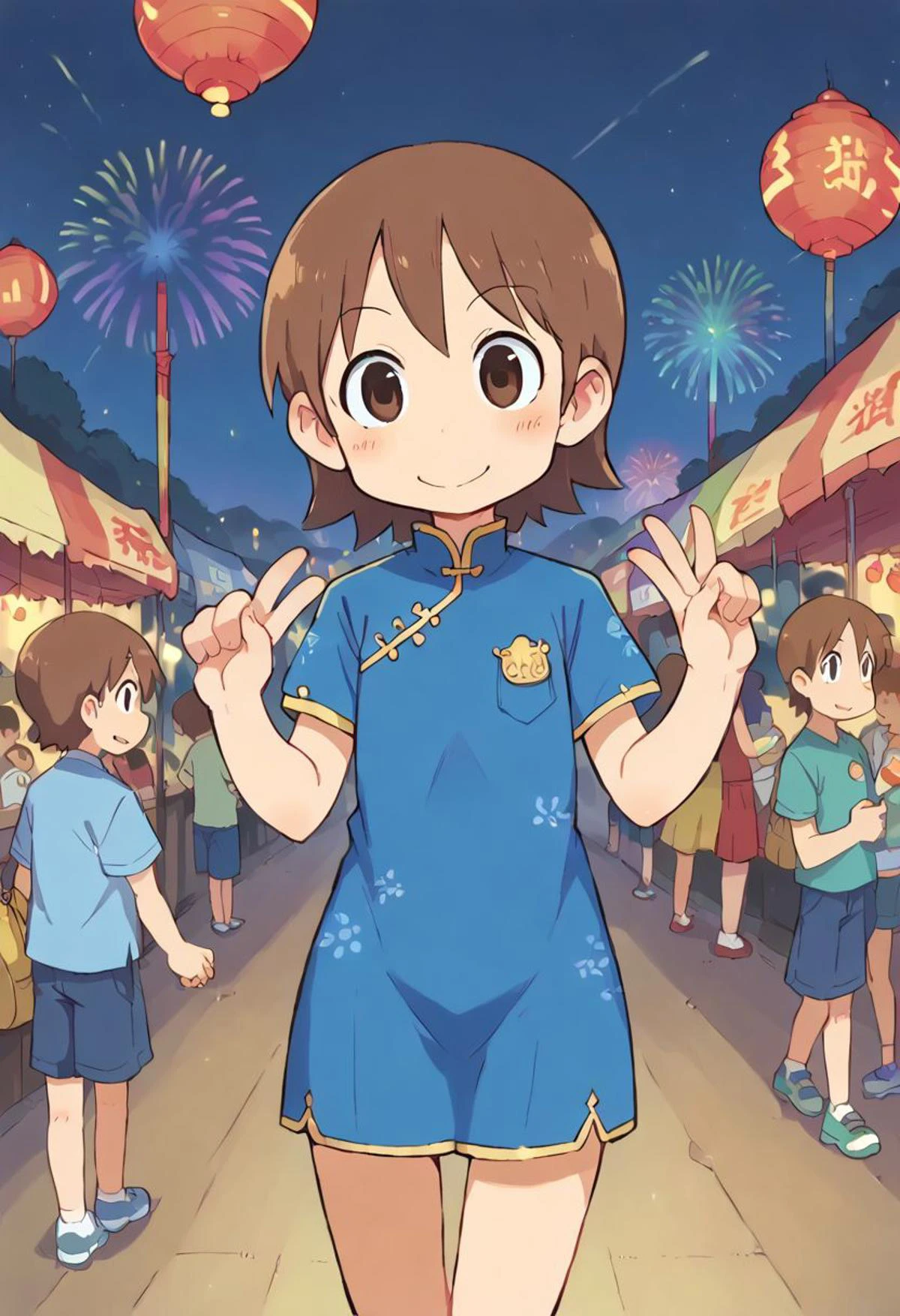 score_9, score_8_up, score_7_up, score_6_up, score_5_up,
aioiyuuko, jyojifuku, blue china dress, blue clothes, brown hair, brown eyes, soft smile, facing viewer, looking at viewer, festival background, festival, fireworks, sunset, outdoors, cowboy shot, legs