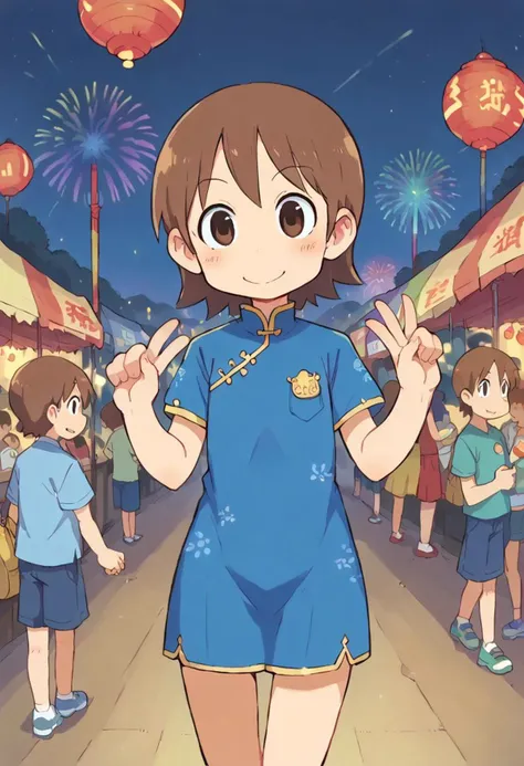 score_9, score_8_up, score_7_up, score_6_up, score_5_up, 
aioiyuuko, jyojifuku, blue china dress, blue clothes, brown hair, brown eyes, soft smile, facing viewer, looking at viewer, festival background, festival, fireworks, sunset, outdoors, cowboy shot, legs