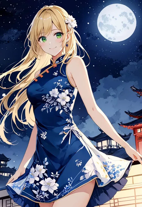 masterpiece, (watercolor:1.2) ,ultra-detailed,best quality,8K,illustration, beautiful face, (long  blonde hair:1.2),1girl, looking at viewer, naughty smile, dynamic pose, turning around, green eyes,
 <lora:add-detail-xl:1> <lora:china dress_XL_V1.0:1.2>( jyojifuku, china dress, skirt:1.2), (blue dress:1.3), (white floral dress:1.1), high contrast, (nighttime:1.1), moonlight:1.2