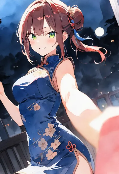 masterpiece, (watercolor:1.2) ,ultra-detailed,best quality,8K,illustration, beautiful face, (long auburn hair:1.2),1girl, looking at viewer, naughty smile, dynamic pose, turning around, green eyes,
 <lora:add-detail-xl:1> <lora:china dress_XL_V1.0:1.2>( jyojifuku, china dress, skirt:1.2), (blue dress:1.3), (white floral dress:1.1), high contrast, (nighttime:1.1), moonlight:1.2