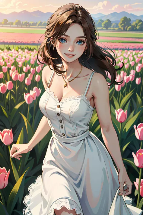 ((ultra detailed, masterpiece, absurdres))
 <lora:RE2Claire:0.8>
RE2Claire, 1girl, long hair, brown hair, blue eyes, in a field of tulips, golden hour, elegant dress, smiling