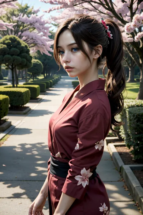 ((ultra detailed, masterpiece, absurdres))
 <lora:RE2Claire:0.8>
RE2Claire, 1girl, long hair, brown hair, blue eyes, walking in a serene Japanese park with cherry blossoms, yukata, and a hair ornament