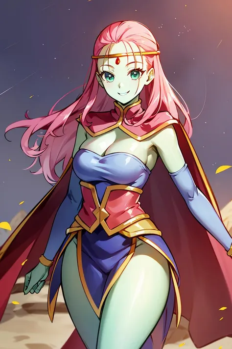 ((masterpiece,best quality)), absurdres,
<lora:Caway_DB:0.7>, Caway_DB, (green skin, long pink hair), cape,
solo, smiling, looking at viewer, cowboy shot,
cinematic composition, dynamic pose,