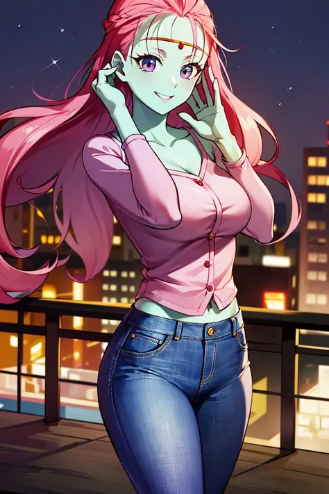 ((masterpiece,best quality)), absurdres,
<lora:Caway_DB:0.7>, Caway_DB, (green skin, long pink hair), demin jeans and pink shirt,
solo, smiling, looking at viewer, cowboy shot,
modern city in background, cinematic composition, dynamic pose,