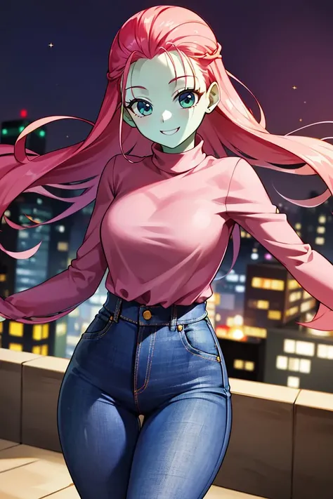 ((masterpiece,best quality)), absurdres,
<lora:Caway_DB:0.7>, Caway_DB, (green skin, long pink hair), demin jeans and pink shirt,
solo, smiling, looking at viewer, cowboy shot,
modern city in background, cinematic composition, dynamic pose,