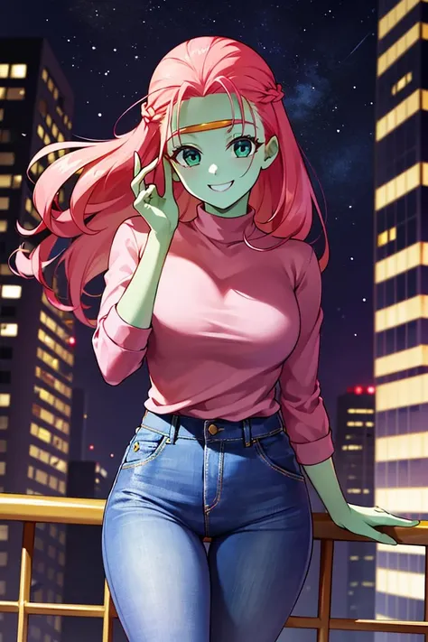 ((masterpiece,best quality)), absurdres,
<lora:Caway_DB:0.7>, Caway_DB, (green skin, long pink hair), demin jeans and pink shirt,
solo, smiling, looking at viewer, cowboy shot,
modern city in background, cinematic composition, dynamic pose,
