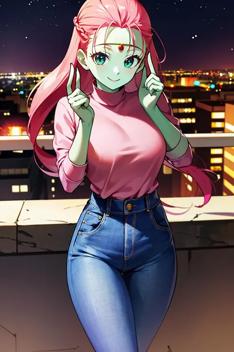 ((masterpiece,best quality)), absurdres,
<lora:Caway_DB:0.7>, Caway_DB, (green skin, long pink hair), demin jeans and pink shirt, 
solo, smiling, looking at viewer, cowboy shot,
modern city in background, cinematic composition, dynamic pose,