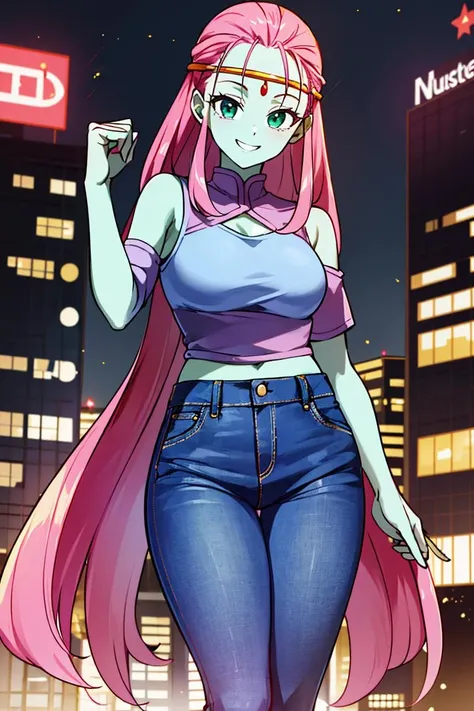 ((masterpiece,best quality)), absurdres,
<lora:Caway_DB:0.7>, Caway_DB, (green skin, long pink hair), demin jeans and pink shirt, 
solo, smiling, looking at viewer, cowboy shot,
modern city in background, cinematic composition, dynamic pose,