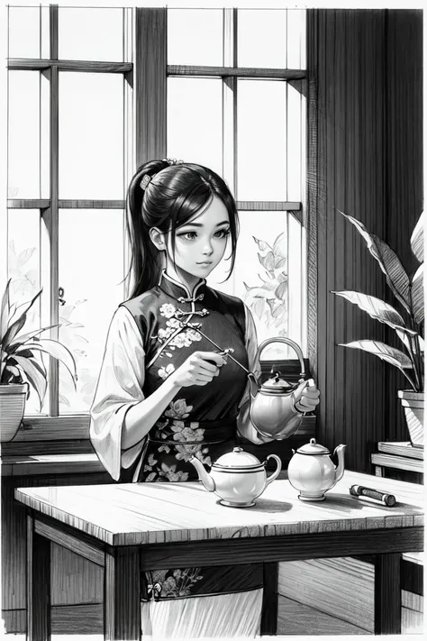 <lora:PencilSketch:0.5>,(pencilsketch:1.2), (monochrome:1.2),best quality, masterpiece,1gril,solo, holding,(1 teapot:1),black hair, paintbrush, chinese clothes, window, indoors, potted plant,table,