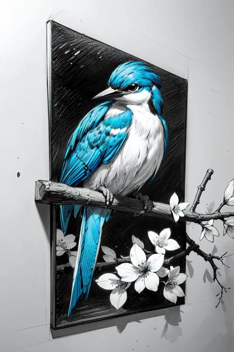 <lora:PencilSketch:0.5>,(pencilsketch:1.2), (monochrome:1.2),(best quality, masterpiece), superb kingfisher on a branch near budding white cherry flowers, dark, dawn, (chilly early morning:1.1), (morning dew:1.15), realistic photography, (low-key photograph:1.2), detailed, 8k, intricate ruffled feathers, water droplets on the feathers, (to8contrast style), (mist:0.7), vivid colors, Sony a6600 Mirrorless Camera, embellish2, <lora:more_details:0.3>,