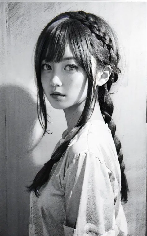 white shirt, (pencilsketch:1.3), (monochrome:1.2), 1girl, DarkOrchid side braid, <lora:PencilSketch:0.5>,