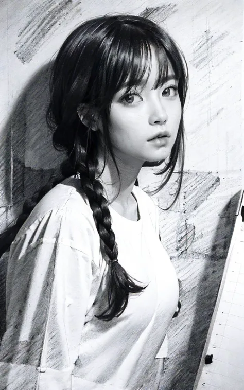white shirt, (pencilsketch:1.3), (monochrome:1.2), 1girl, DarkOrchid side braid, <lora:PencilSketch:0.5>,