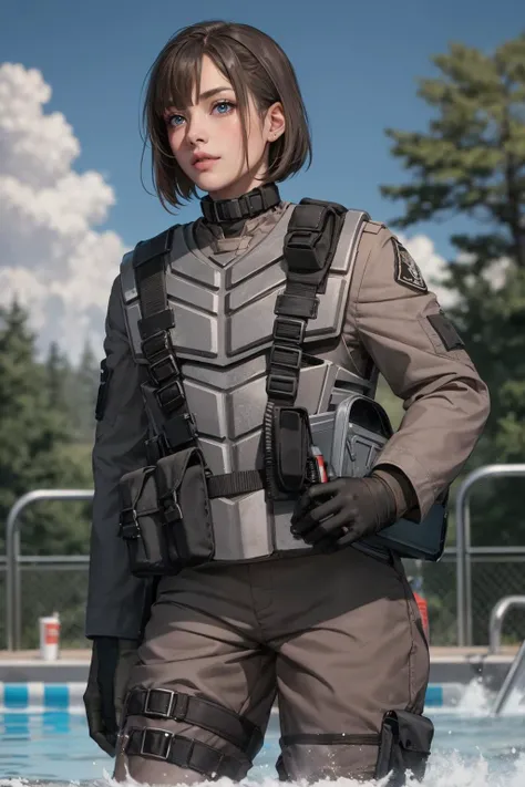 1girl, <lora:StarshipTroopersArmor-10:0.7> starship troopers armor, solo, realistic, armor, shoulder patch, bulletproof vest, military,  gloves,  Black Hair, iridescent eyes, (Hair with Long Layers), wrapped in a towel, BREAK
waterpark, water slide,