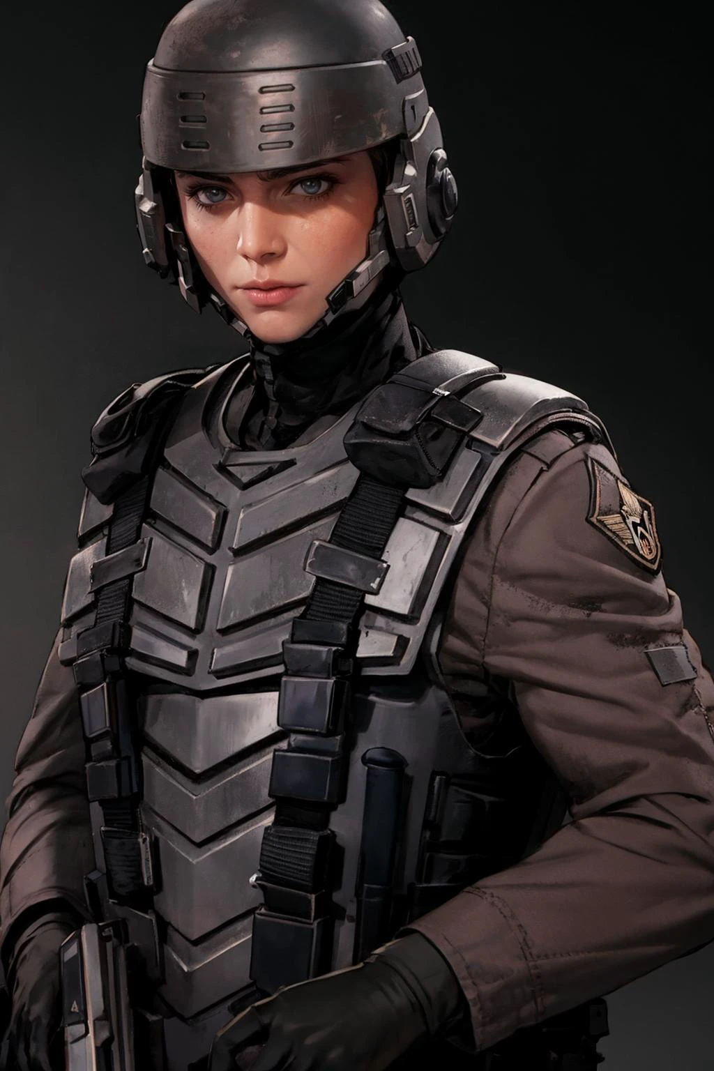 1girl, <lora:StarshipTroopersArmor-10:0.7> starship troopers armor, solo, realistic, gloves, armor, shoulder patch, bulletproof vest, military, helmet, holding a weapon, <lora:hungry_clicker_offset:1> hungry clicker