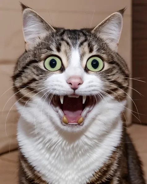 looking at viewer, open mouth, green eyes, no humans, animal, fangs, cat, excited, <lora:cats_v1:0.7>