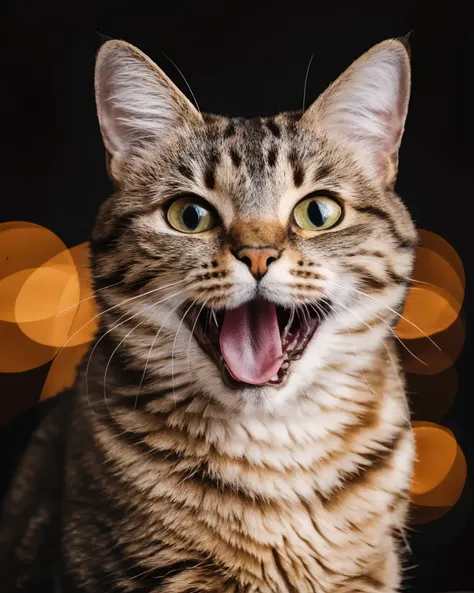 looking at viewer, open mouth, simple background, tongue, no humans, animal, fangs, cat, black background,excited, <lora:cats_v1:0.7>