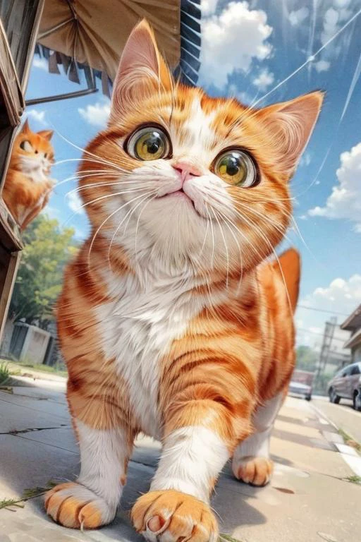 <lora:cats_v1:0.8>, looking at viewer, curious , sky , orange cat running , <lora:add_detail:1.2> , cute , :3 , adorable ,