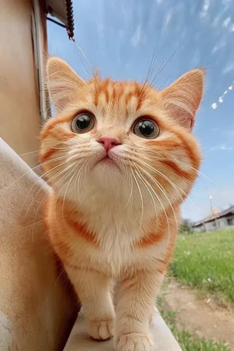 <lora:cats_v1:0.8>, looking at viewer, curious , sky , orange cat running , <lora:add_detail:1.2> , cute , :3 , adorable ,