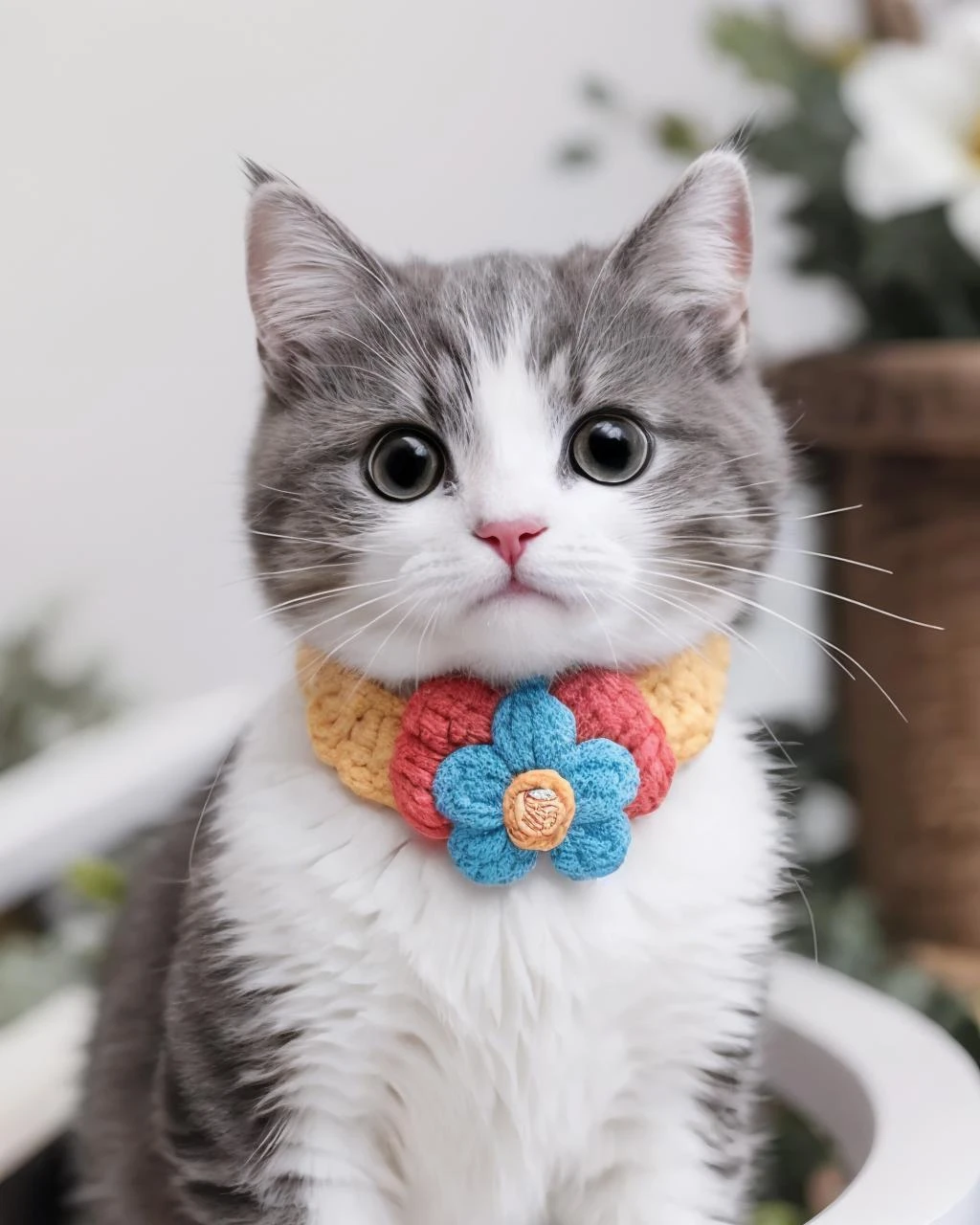 cat, solo, looking at viewer, cute, lovely, simple background, flower Collar, blurry, black eyes, no humans, blurry background, animal, <lora:cats_v1:0.7>