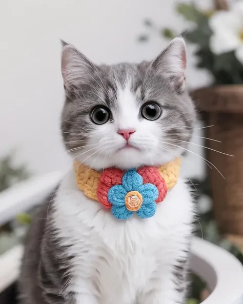 cat, solo, looking at viewer, cute, lovely, simple background, flower Collar, blurry, black eyes, no humans, blurry background, animal, <lora:cats_v1:0.7>