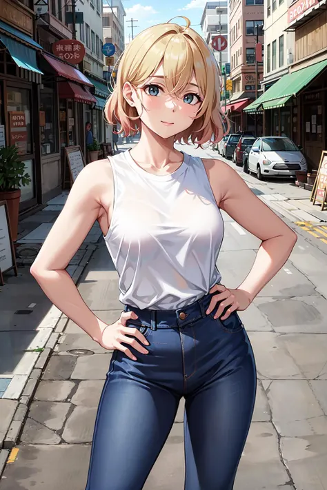 masterpiece, best quality, highres, nm1, white shirt, sleeveless, jeans, <lora:nanami_mami_v1:0.7>, standing, street, cowboy shot, hand on hip