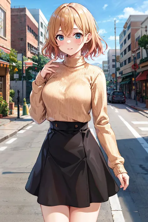 masterpiece, best quality, highres, nm1, sweater, high-waist skirt, <lora:nanami_mami_v1:0.7>, cowboy shot, standing, street