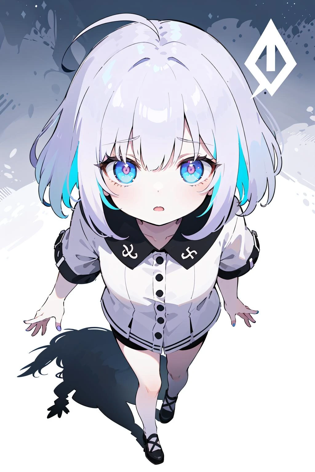 (1girl:1.2),masterpiece,best quality,((masterpiece)),(((best quality))),((ultra-detailed)),((best illustration)),(best shadow),(extremely detail),(imid shot:0.95),(full body:1.25),Dynamic angle,(falt color:1.3),colorful, multicolored hair,messy hair,bangs,ahoge,slit pupils,glowing eyes,medium hair, purple hair,