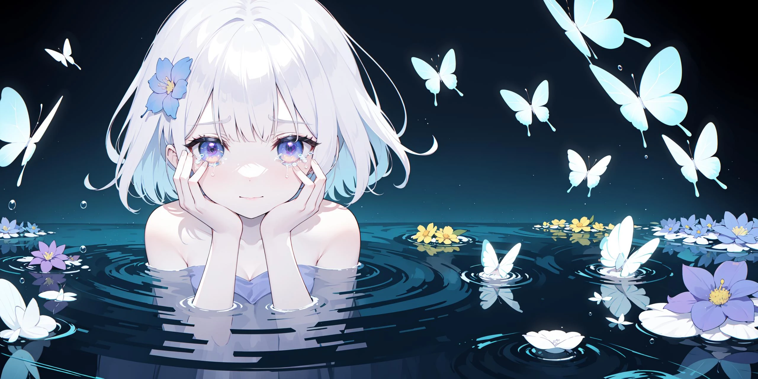 titlefont polychrome,glitch,(surreal:1.3),(chromatic aberration),(beautiful young female:1.4),(streaming tears),sad,(butterflies:1.2),(blue purple flowers),looking at viewer,partially submerged,hand on own face,topless,(white hair, short hair, bangs:1.2),hair flower,(glowing eyes),smirking,ripples,dark water,black background,(prismatic),iridescent,holographic,