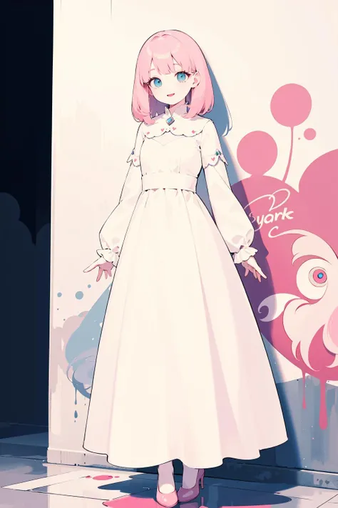 (Masterpiece:1.5),(Best Quality:1.5),High Resolution,Highly Detailed,3DMM,Perfect Face,Perfect Eyes,(Low Contrast:1.1),Full body photo,Graffiti,Smile,White Long Dress Evening Dress,Light pink hair,Pink Pumps,.,