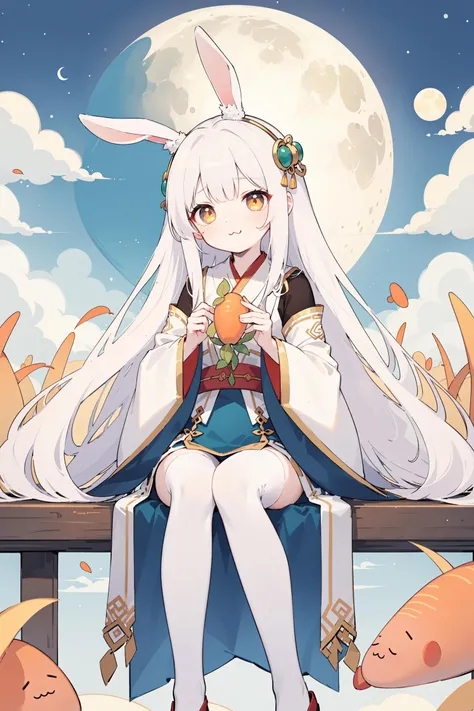 (>3<:2)
Chang'e,the Jade Hare,the Moon Palace,rabbit ears,
White hair, extra long hair, sister cut, Hanfu, extra long skirt,
Golden eyes, golden pupils,
(White stockings: 1.5)(Moon magnification: 1.5)
Sitting on the Cloud,Holding the golden carrot,