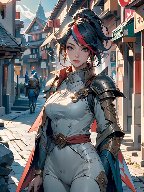 fiora \(league of legends\), 1girl, streaked hair, white bodysuit, green pants, armor, solo, detailed face, looking at viewer, upper body, potrait, outdoor, castle, stone walkway, houses, (masterpiece:1.2, best quality)