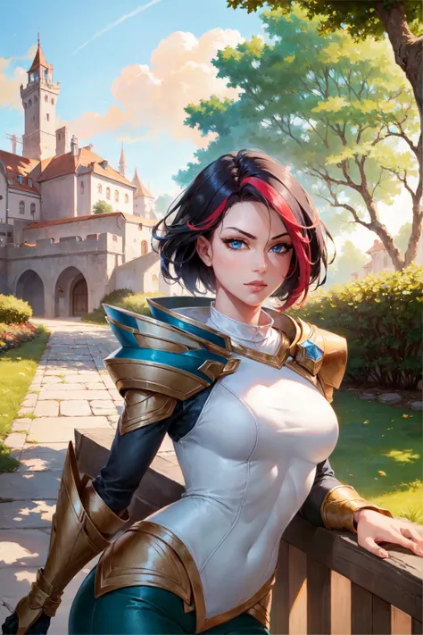 fiora \(league of legends\), 1girl, white bodysuit, green pants, solo, detailed face, looking at viewer, upper body, potrait, outdoor, castle, stone walkway, houses, (masterpiece:1.2, best quality)