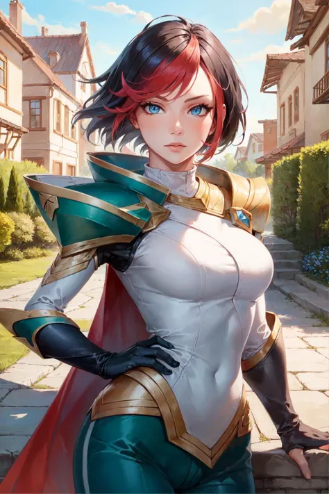 fiora \(league of legends\), 1girl, white bodysuit, green pants, solo, detailed face, looking at viewer, upper body, potrait, outdoor, castle, stone walkway, houses, (masterpiece:1.2, best quality)