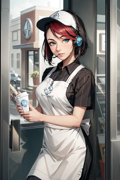 best quality, intricate details,
1girl,     <lora:Fiora3in1V5-000014:0.8> fiora \(league of legends\), headmistress fiora, 
 <lora:Drive-Thru Window Operator:0.8> Inside the drive-thru window, drive-thru window, headset, apron, cap, cap hat,